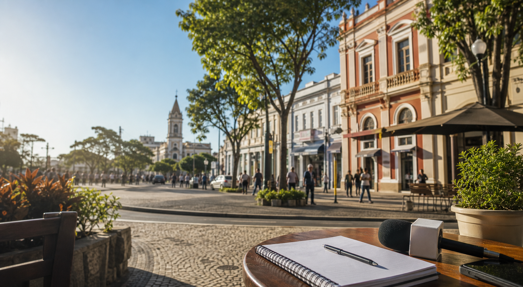 Centro urbano brasileiro com equipe de reportagem