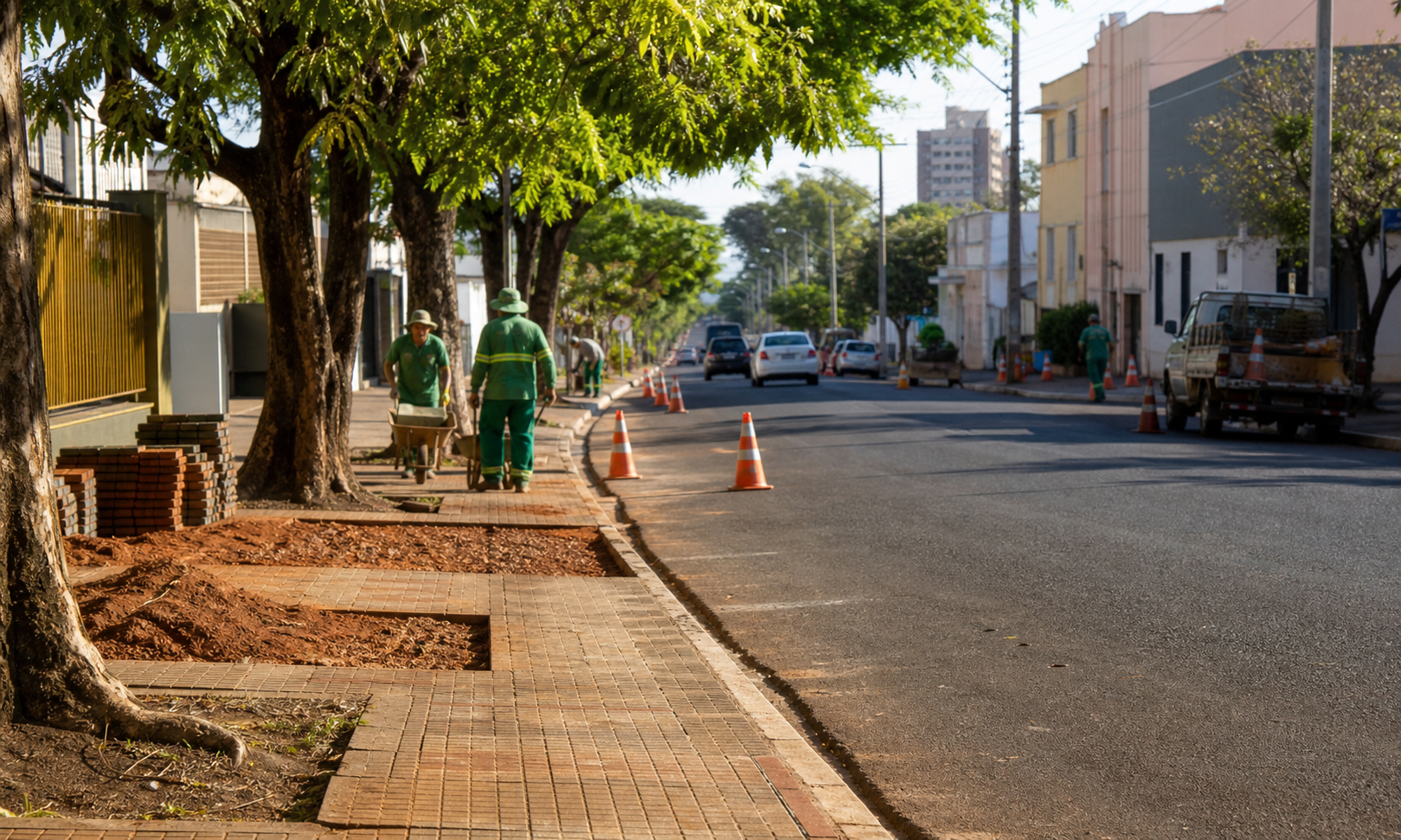 Rua brasileira com serviço urbano em andamento